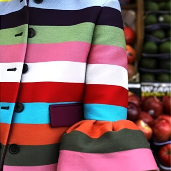 Rainbow Stripe Jacket Lapel Collar Three-quarter Sleeves with Ruffle - Picture 9 of 9